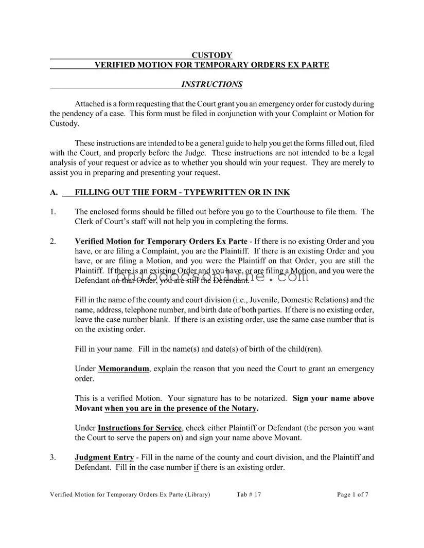 Ex Parte Temporary Custody Order Ohio Template in PDF