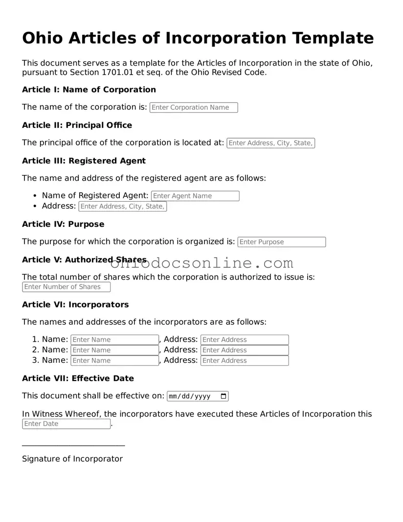 Printable Articles of Incorporation Template for Ohio