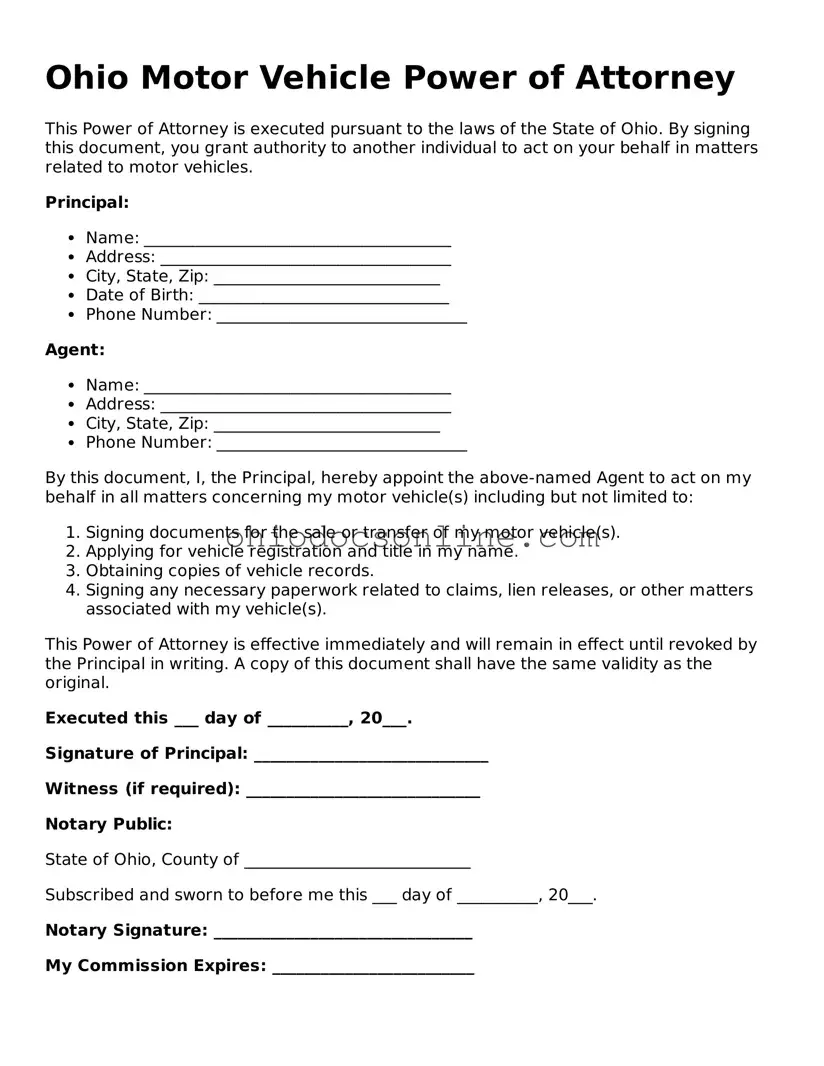 Printable  Motor Vehicle Power of Attorney Template for Ohio