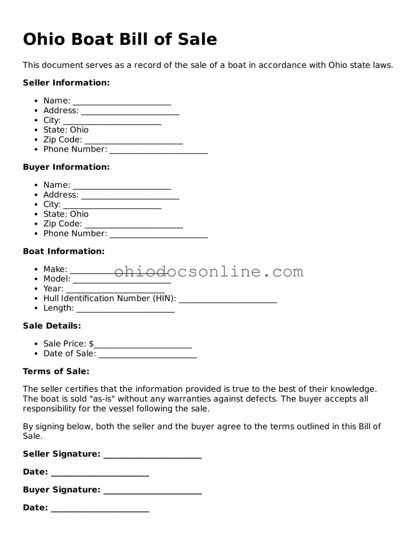 Printable  Boat Bill of Sale Template for Ohio