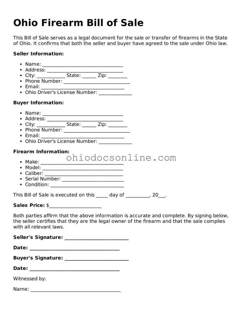 Printable  Firearm Bill of Sale Template for Ohio