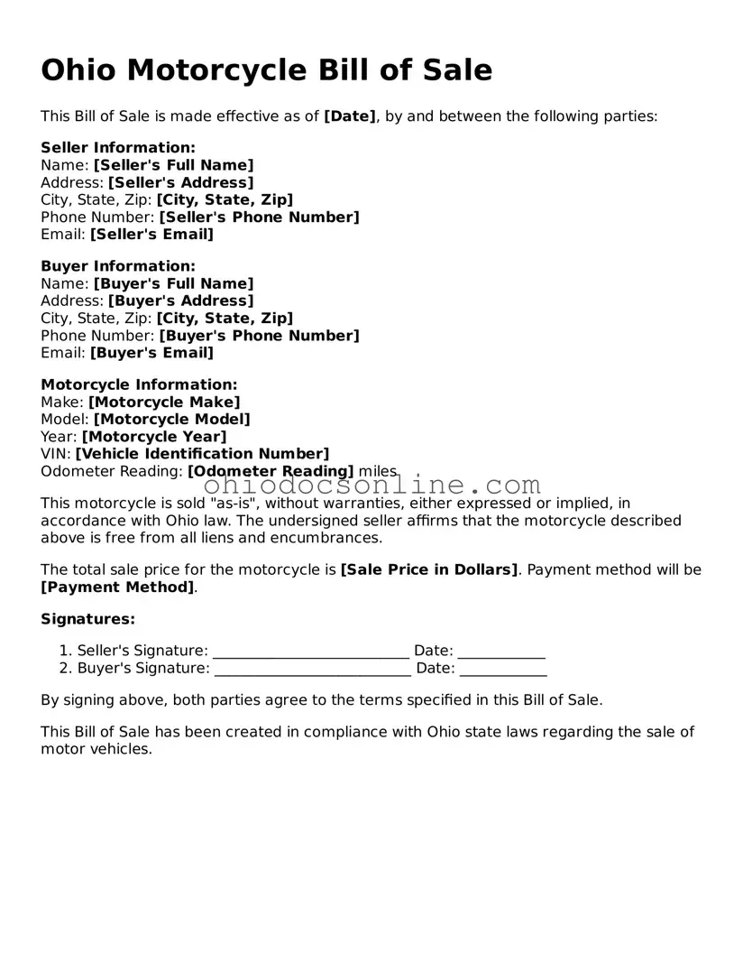 Printable Motorcycle Bill of Sale Template for Ohio