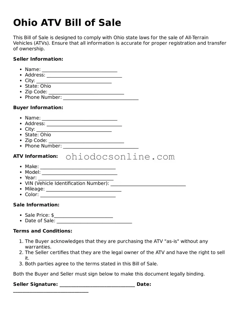 Printable ATV Bill of Sale Template for Ohio