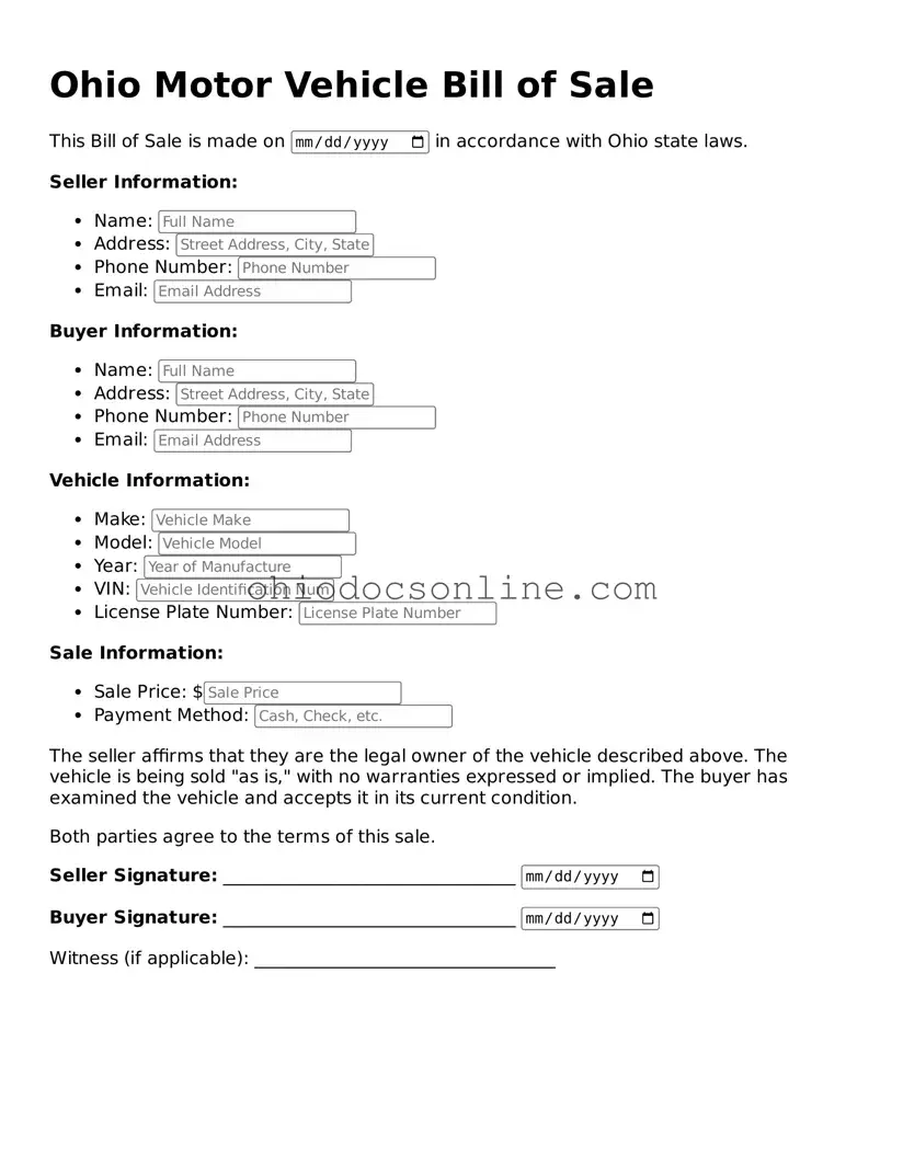 Printable Motor Vehicle Bill of Sale Template for Ohio