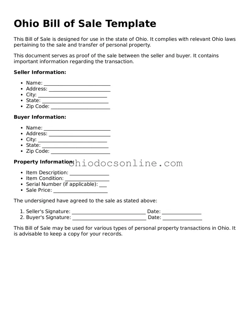 Printable Bill of Sale Template for Ohio