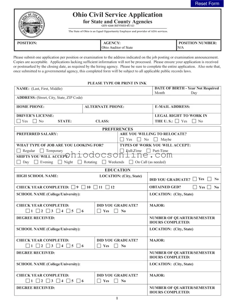 Ohio Civil Service Application Template in PDF