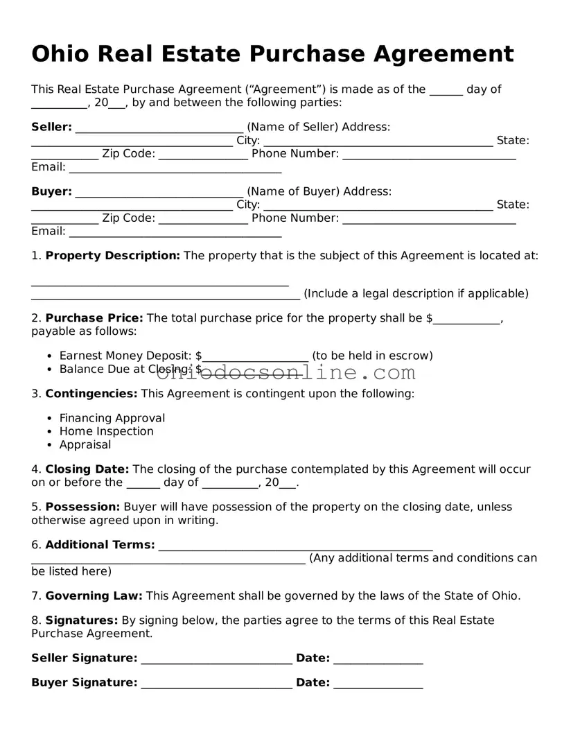 Printable  Real Estate Purchase Agreement Template for Ohio