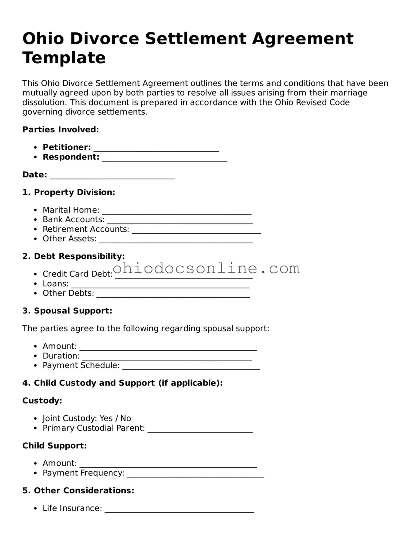 Printable  Divorce Settlement Agreement Template for Ohio