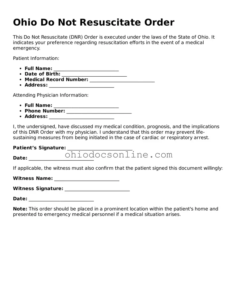 Printable  Do Not Resuscitate Order Template for Ohio