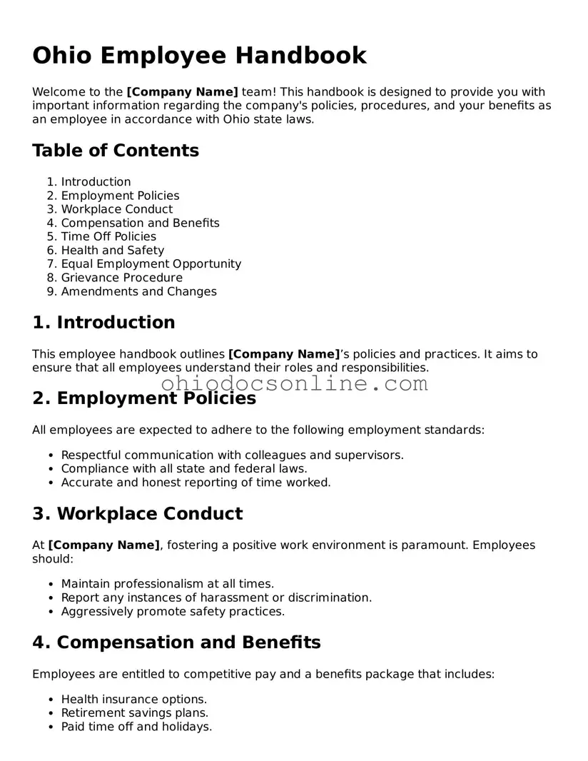 Printable  Employee Handbook Template for Ohio