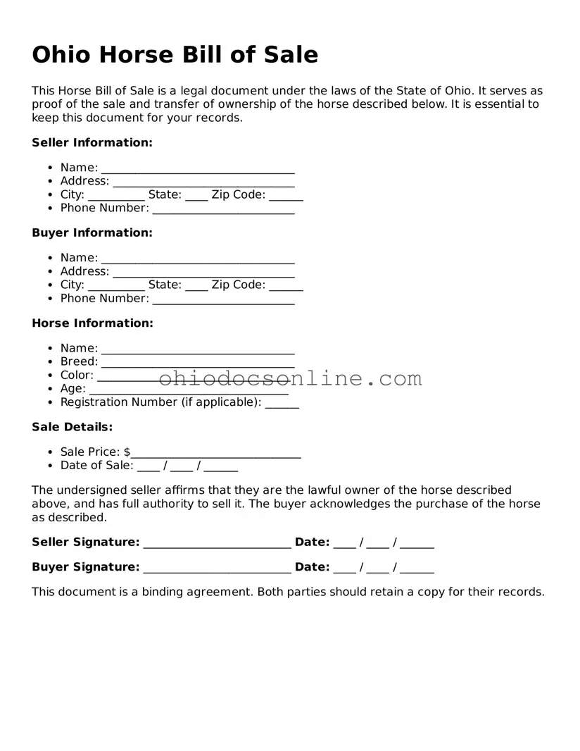 Printable  Horse Bill of Sale Template for Ohio