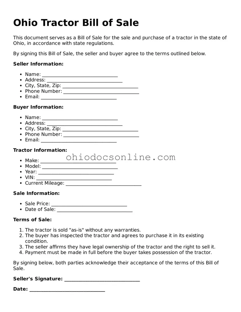 Printable  Tractor Bill of Sale Template for Ohio