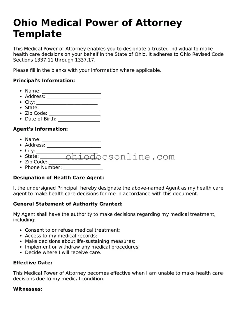 Printable Medical Power of Attorney Template for Ohio