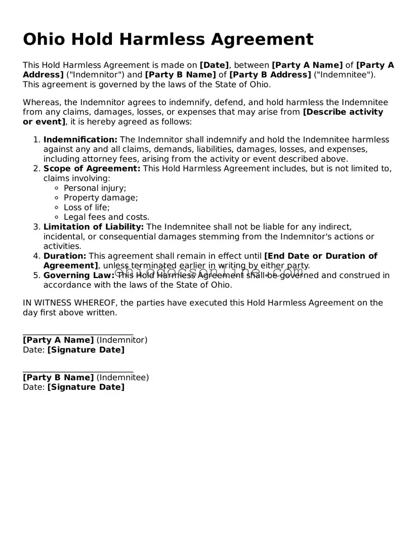 Printable Hold Harmless Agreement Template for Ohio