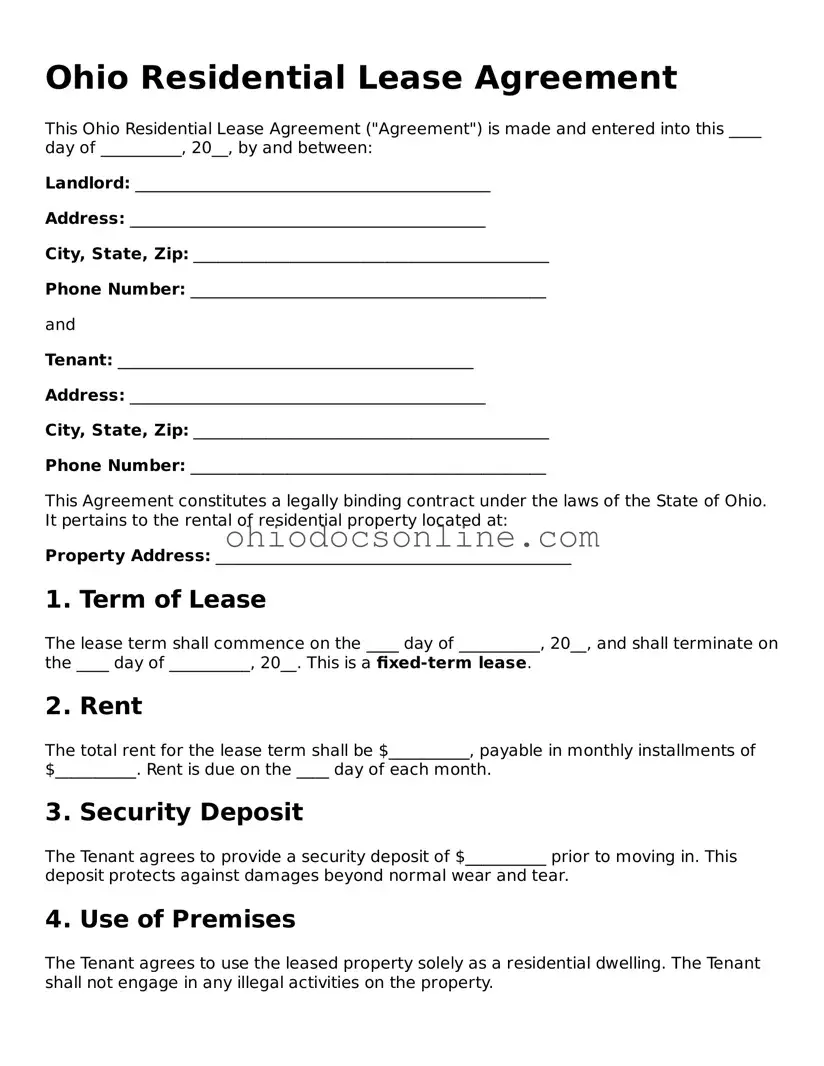 Printable  Residential Lease Agreement Template for Ohio