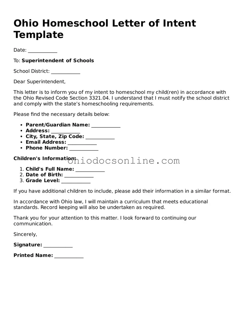 Printable Homeschool Letter of Intent Template for Ohio