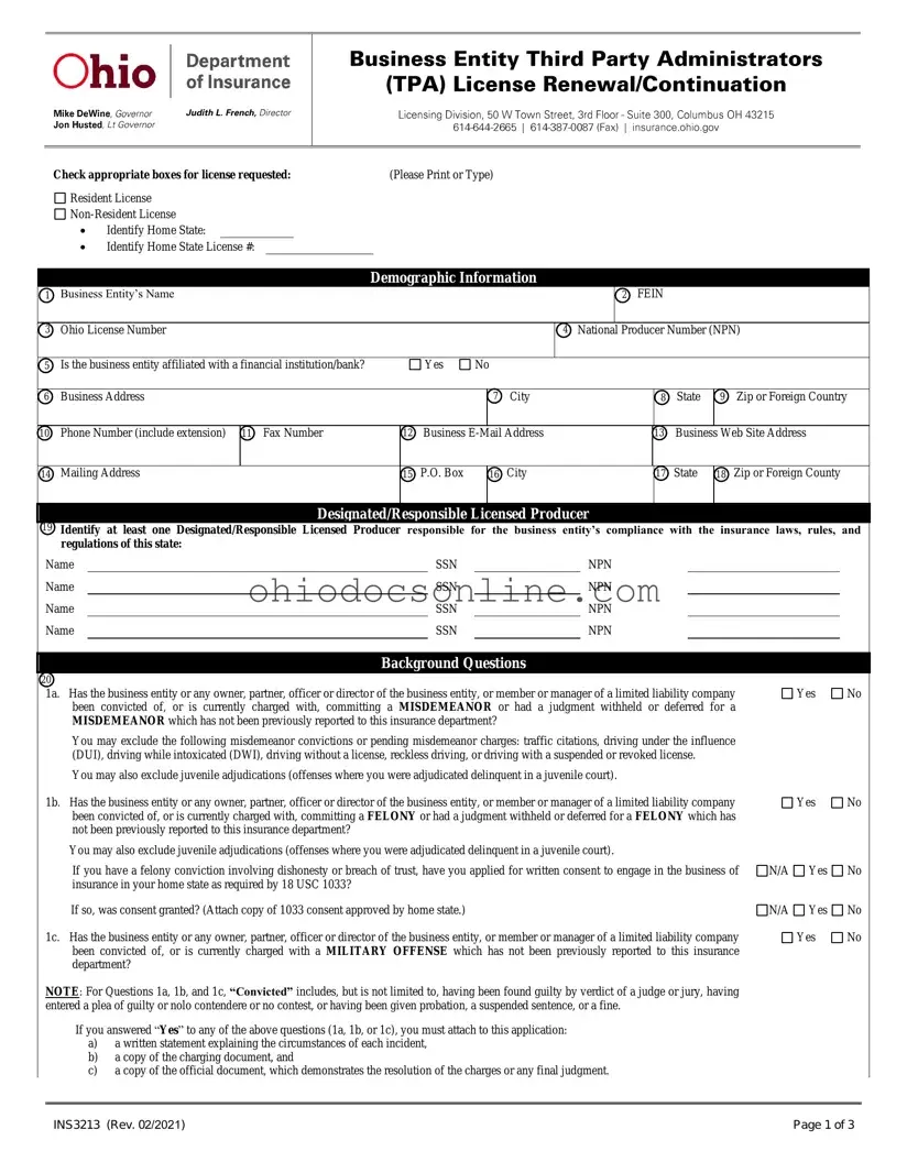 Ohio Ins3213 Template in PDF