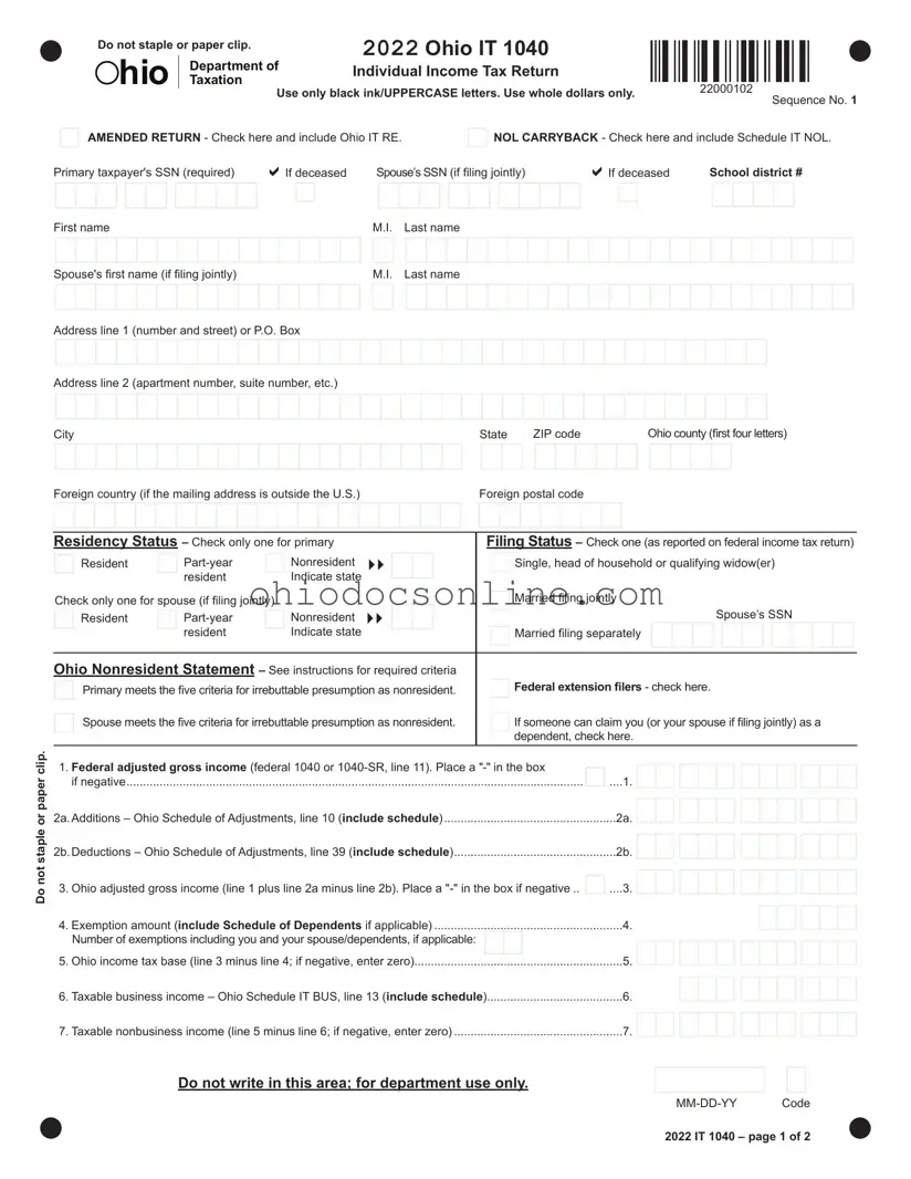Ohio It 1040Ez Template in PDF