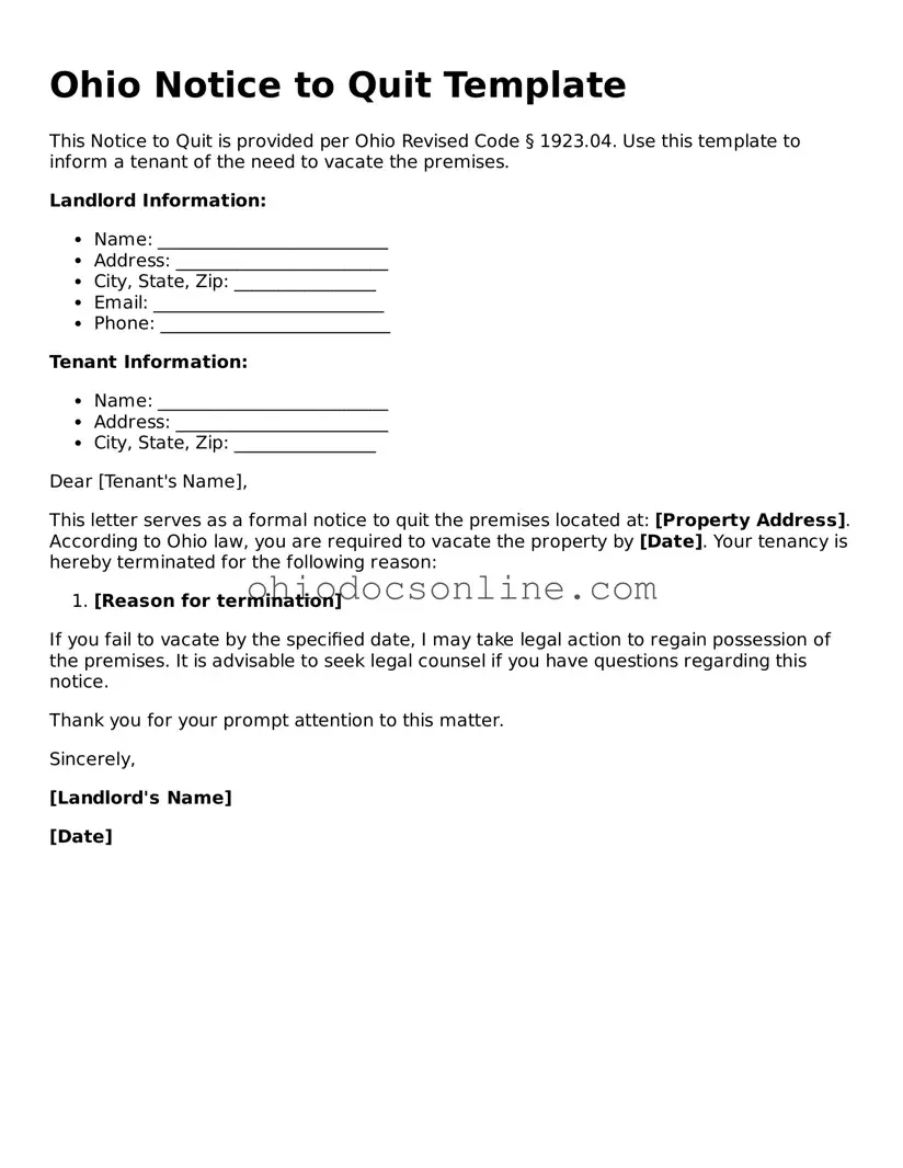 Printable Notice to Quit Template for Ohio