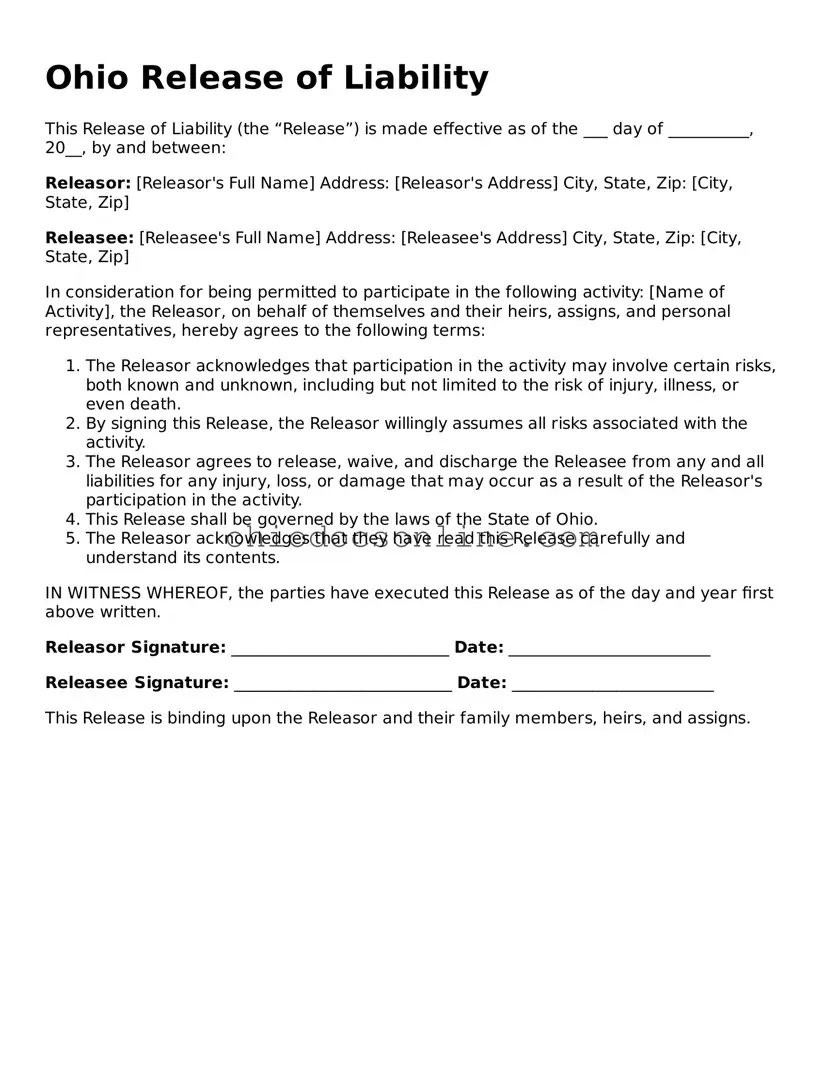 Printable Release of Liability Template for Ohio