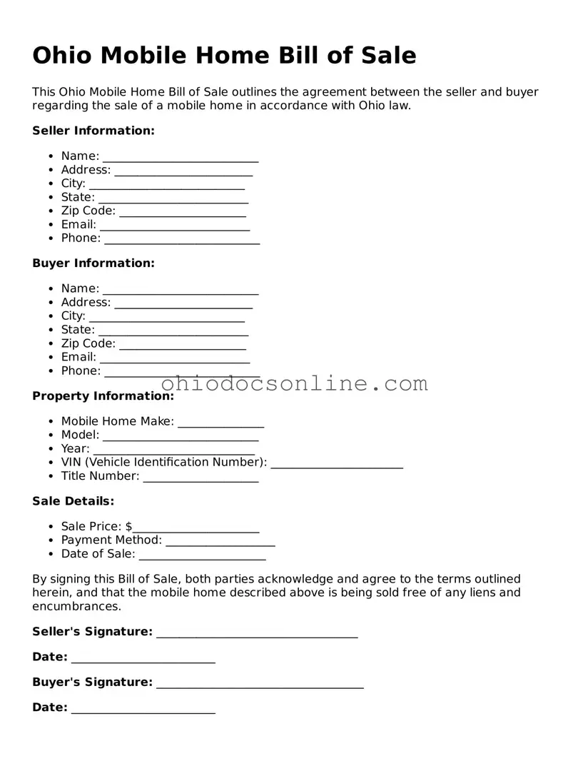 Printable  Mobile Home Bill of Sale Template for Ohio