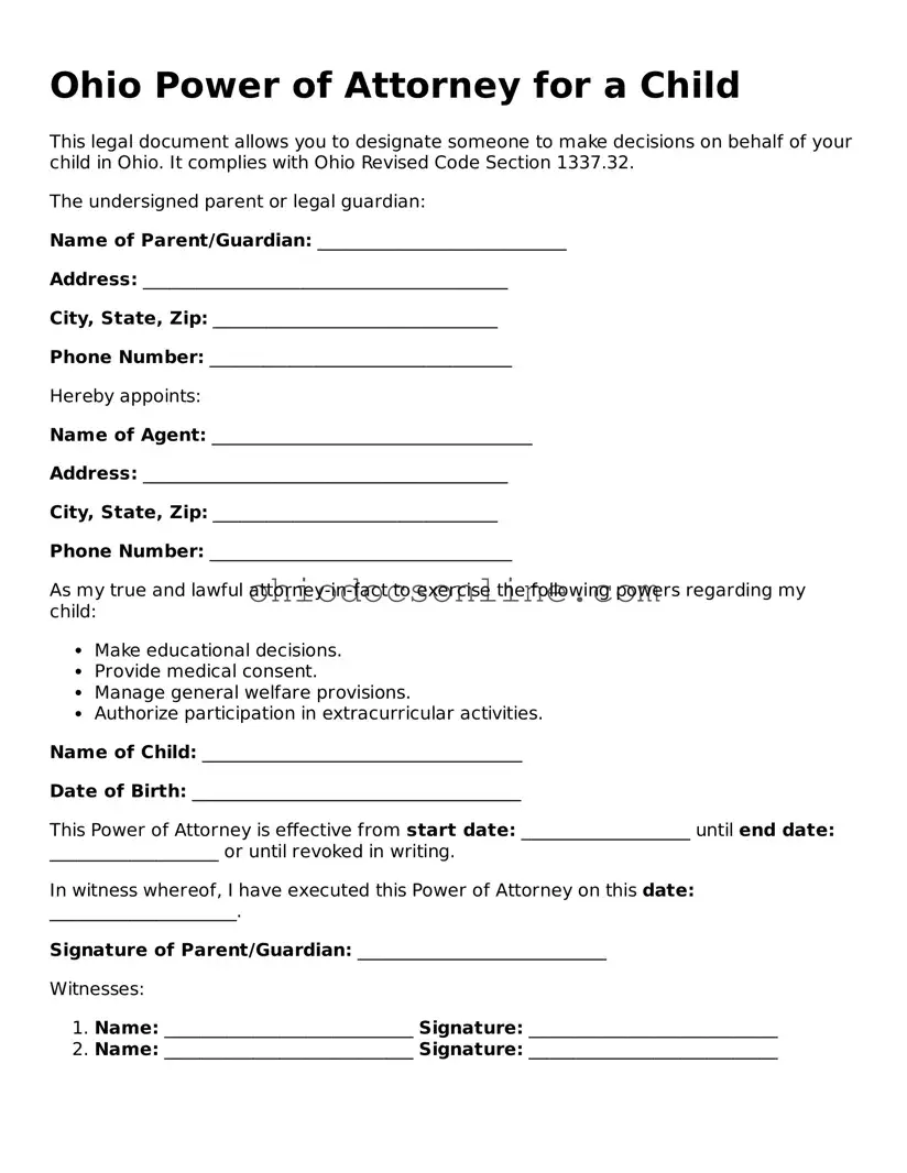 Printable Power of Attorney for a Child Template for Ohio
