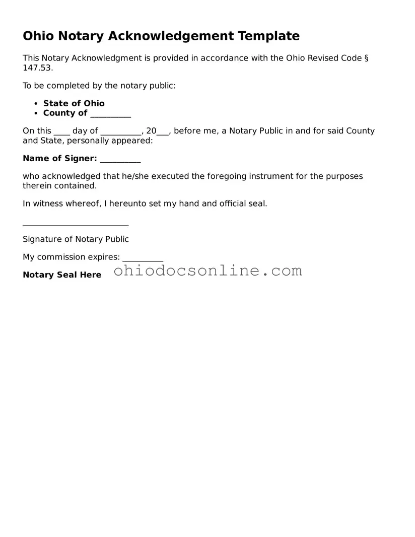 Printable Notary Acknowledgement Template for Ohio