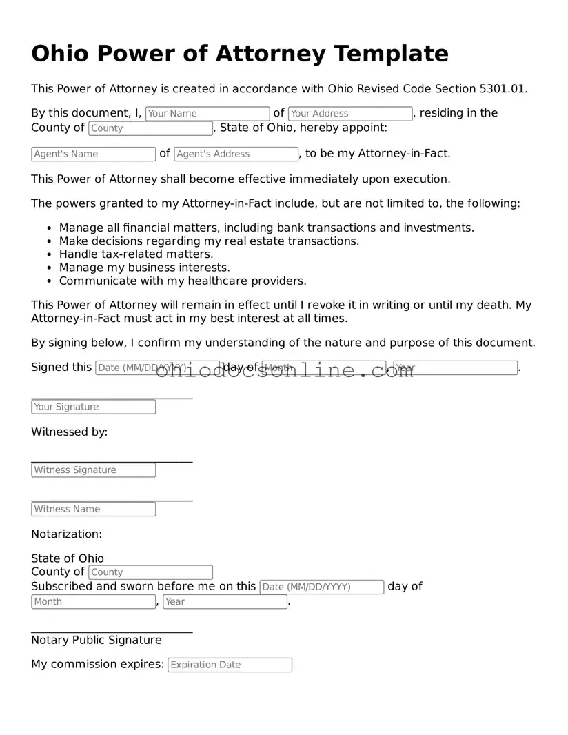 Printable Power of Attorney Template for Ohio