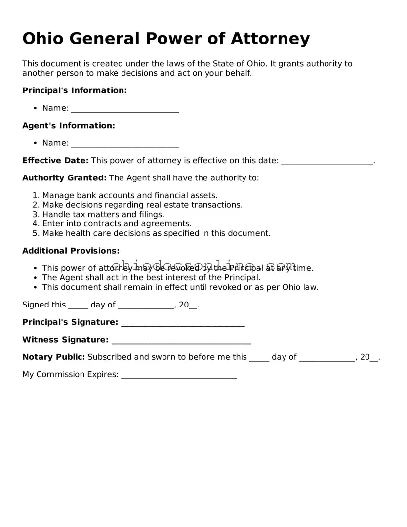 Printable  General Power of Attorney Template for Ohio