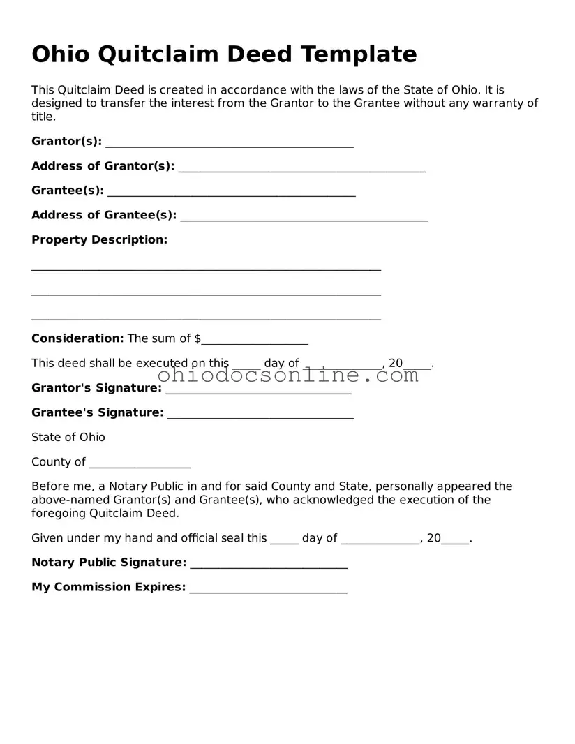Printable Quitclaim Deed Template for Ohio
