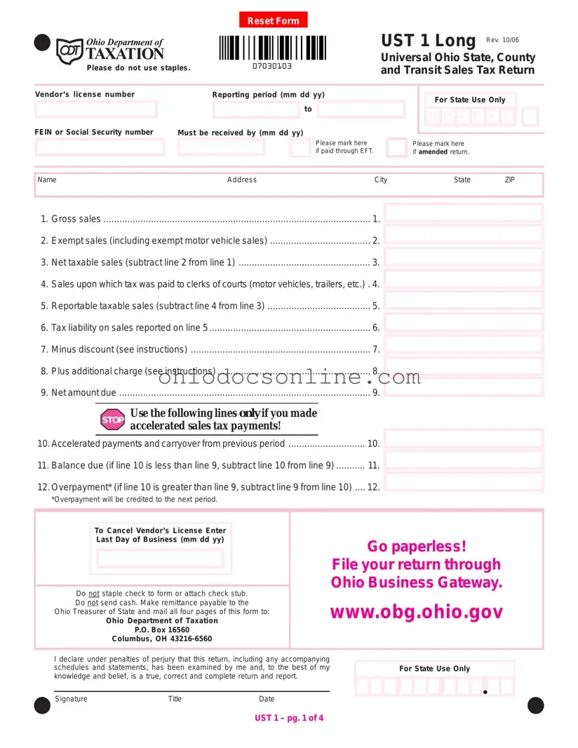 Ohio Sales Tax Ust 1 Template in PDF