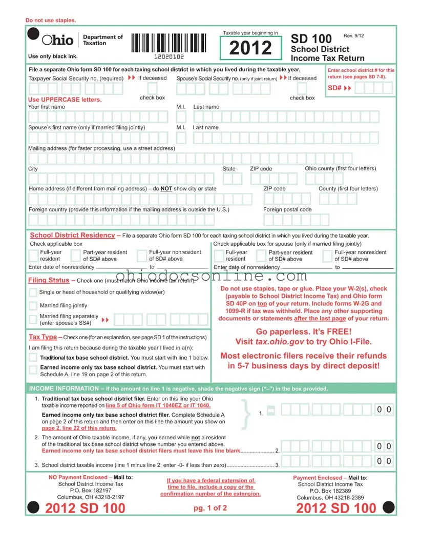 Ohio Sd 100 Template in PDF