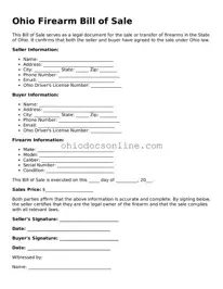 Printable  Firearm Bill of Sale Template for Ohio