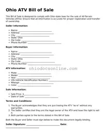 Printable  ATV Bill of Sale Template for Ohio