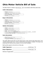 Printable  Motor Vehicle Bill of Sale Template for Ohio