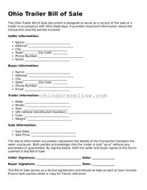 Printable  Trailer Bill of Sale Template for Ohio