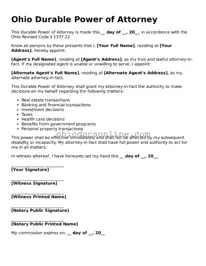Printable  Durable Power of Attorney Template for Ohio