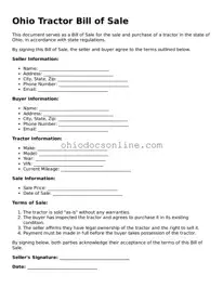 Printable  Tractor Bill of Sale Template for Ohio