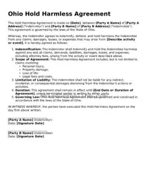 Printable  Hold Harmless Agreement Template for Ohio