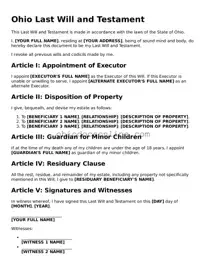 Printable  Last Will and Testament Template for Ohio