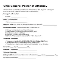 Printable  General Power of Attorney Template for Ohio